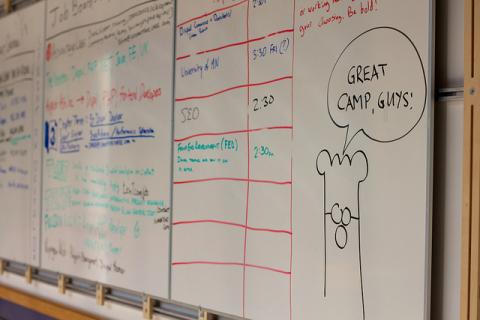 Picture of white board with sessions and bof's listed along with time slots.