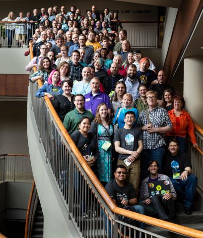 Friday 2018 Camp attendees on the atrium staircase